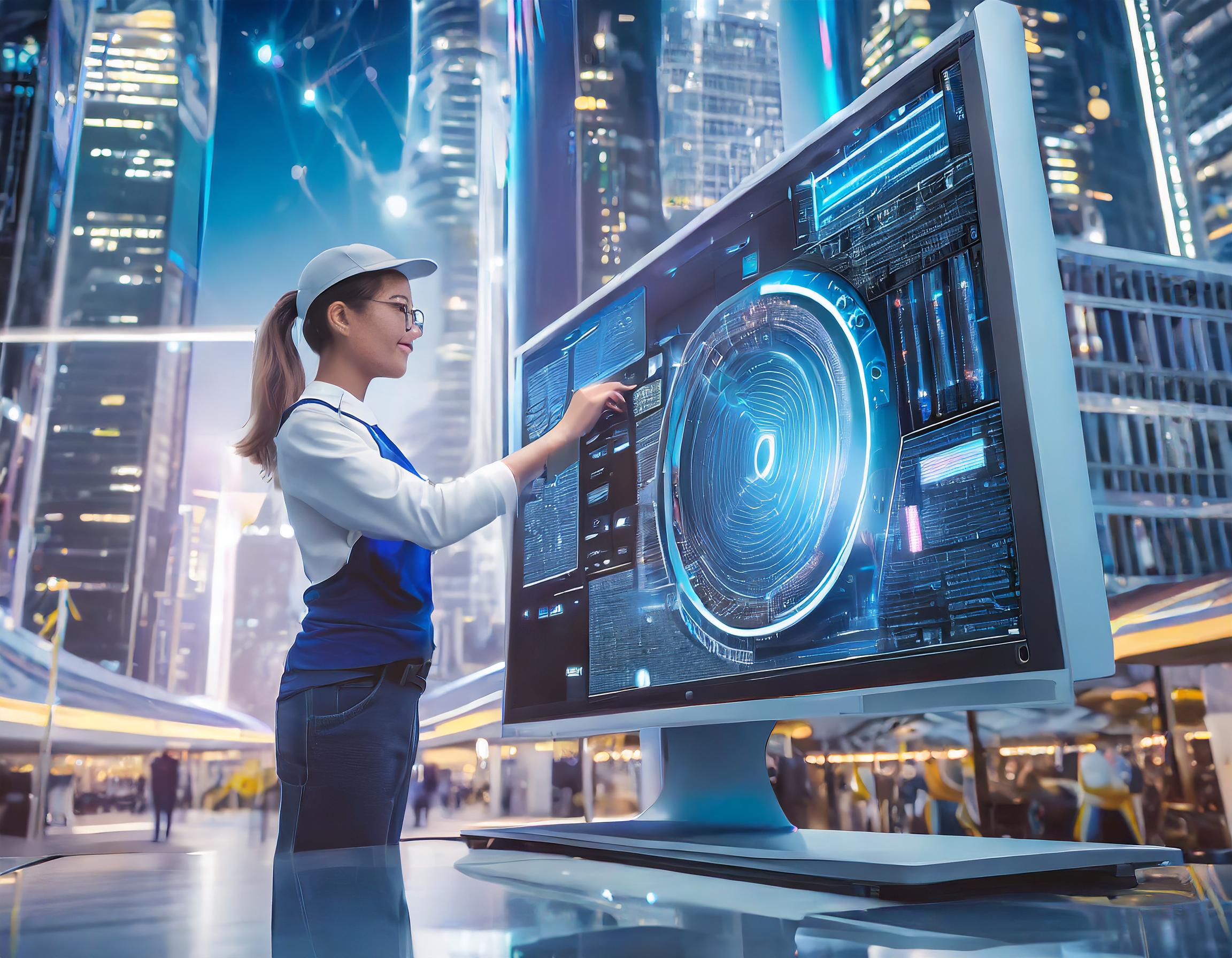 Una mujer arreglando una computadora con un fondo futurista